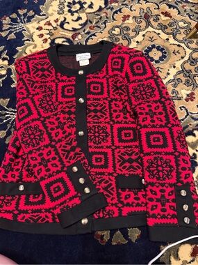Stuart Allen Petites Red & Black Patterned Knit Cardigan Sweater